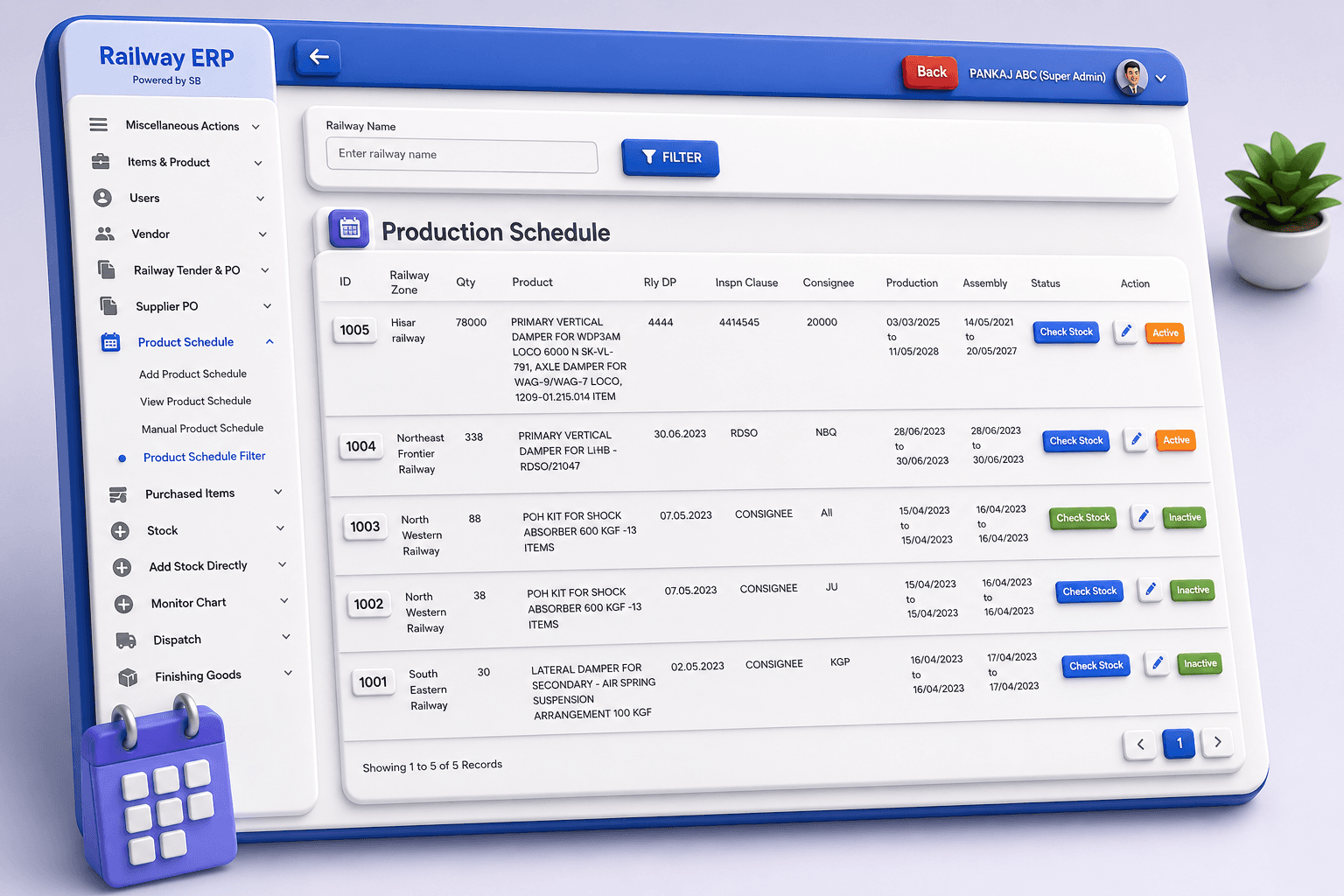 Railway ERP production schedule dashboard on laptop