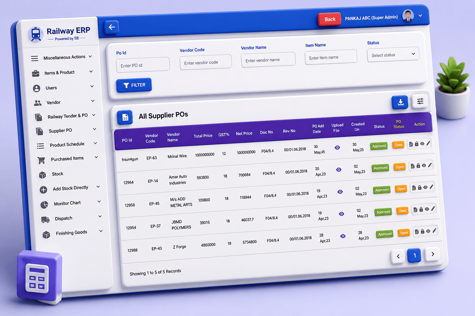 Railway ERP supplier purchase order dashboard on laptop