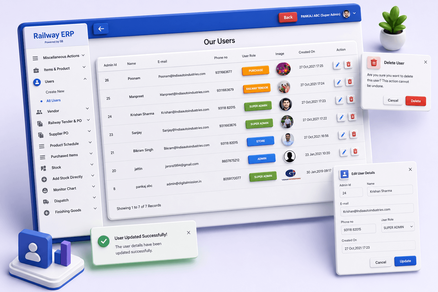 Railway ERP user management dashboard on laptop