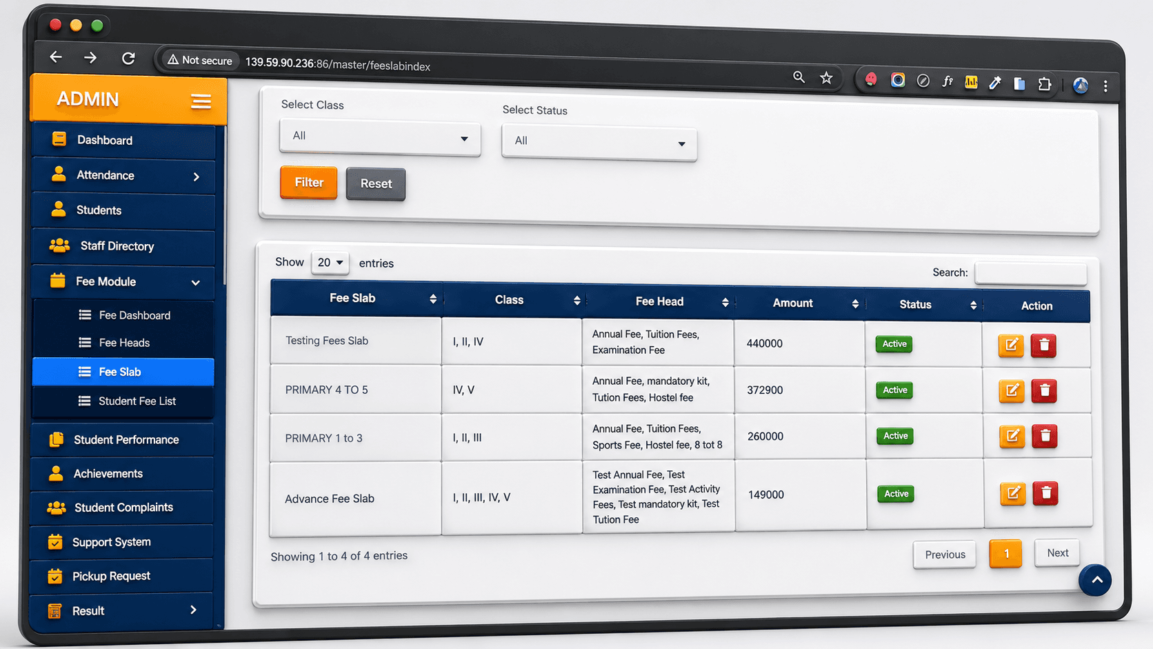 Finance & Reports screen from School ERP software