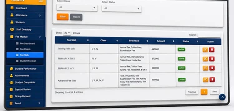 Finance & Reports screen from School ERP software