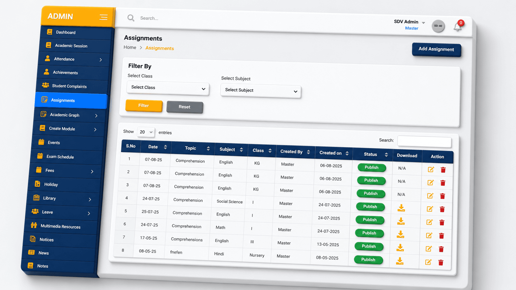 Academic Operations screen from School ERP software