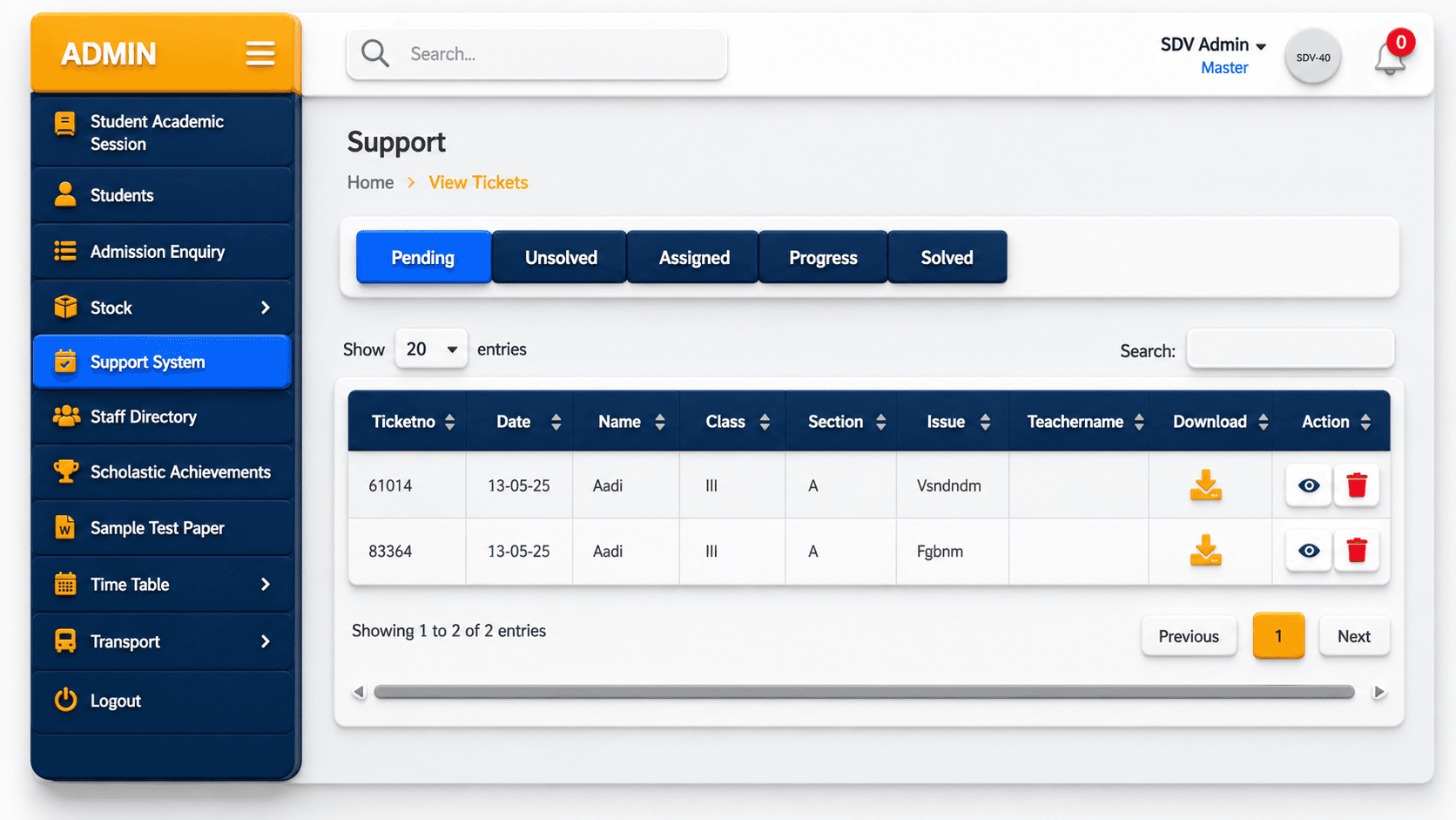 User & Role Management screen from School ERP software